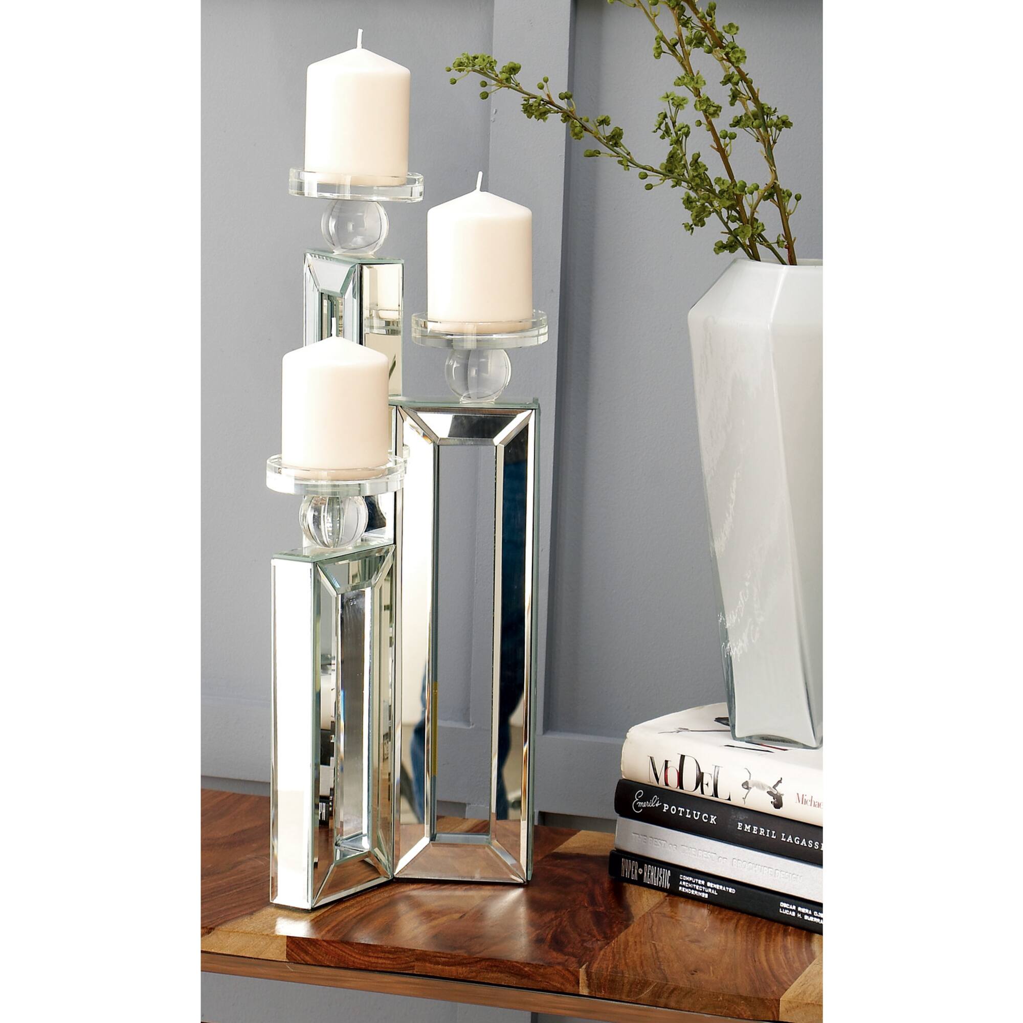 21" Silver Wood Glam Candlestick Holder